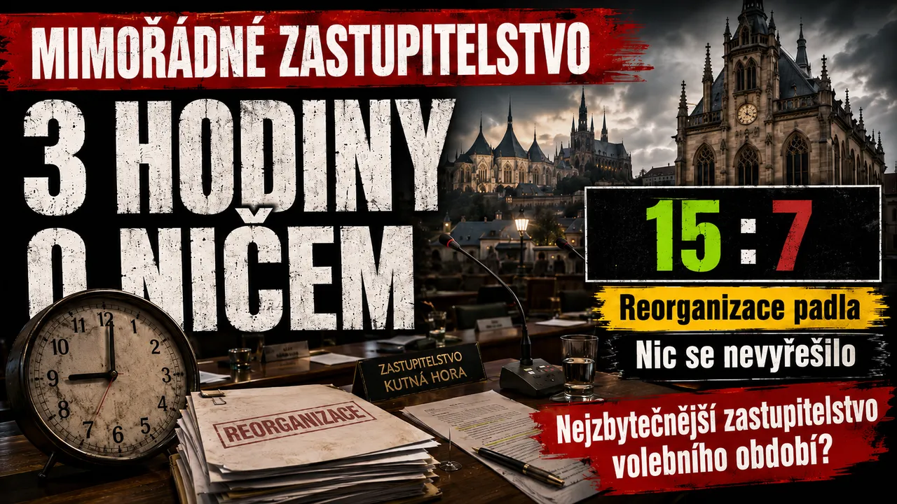 Plakát k článku: tmavá dramatická scéna jednacího sálu zastupitelstva. V popředí stůl s mikrofony, sklenicí vody, jmenovkou ZASTUPITELSTVO KUTNÁ HORA a štosem papírů s razítkem REORGANIZACE, vlevo starý budík ukazující devátou. V pozadí silueta Kutné Hory s chrámem svaté Barbory a Vlašským dvorem pod bouřkovým nebem. Přes obraz titulky MIMOŘÁDNÉ ZASTUPITELSTVO a 3 HODINY O NIČEM, vpravo výsledková tabule 15 : 7, žlutý pruh Reorganizace padla, dále Nic se nevyřešilo a Nejzbytečnější zastupitelstvo volebního období? Ilustrační obrázek vytvořený pomocí AI.