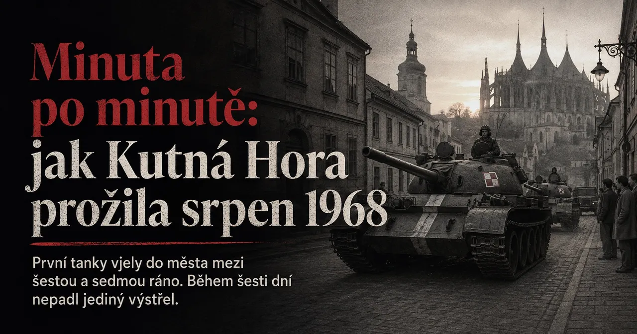 Grafika k článku o srpnu 1968 v Kutné Hoře: tank s polskou šachovnicí na věži a bílým invazním pruhem projíždí dlážděnou ulicí, v pozadí silueta chrámu svaté Barbory a věž jezuitské koleje, vpravo skupina přihlížejících lidí. Vlevo titulek Minuta po minutě: jak Kutná Hora prožila srpen 1968 a popisek První tanky vjely do města mezi šestou a sedmou ráno, během šesti dní nepadl jediný výstřel. Obraz je vytvořený pomocí AI.